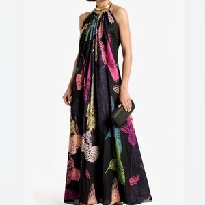 Tibi silk Halter-Neck Black Maxi Dress with Multicolor Bird Print
